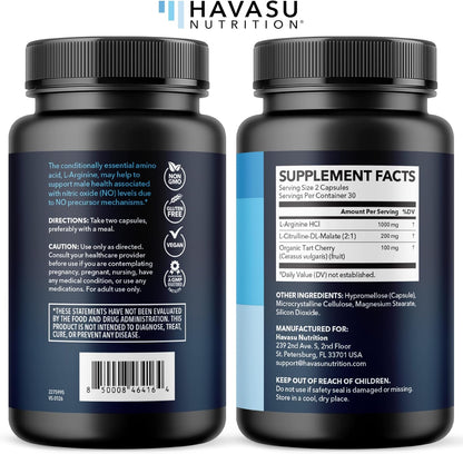 L-Arginine and L-Citrulline for Men, Nitric Oxide Support, 30 Servings | L Arginine 1000mg Capsules with L Citrulline and Tart Cherry, Performance Supplement for Men's Health, Vegan, 60 Count Gsupps Australia