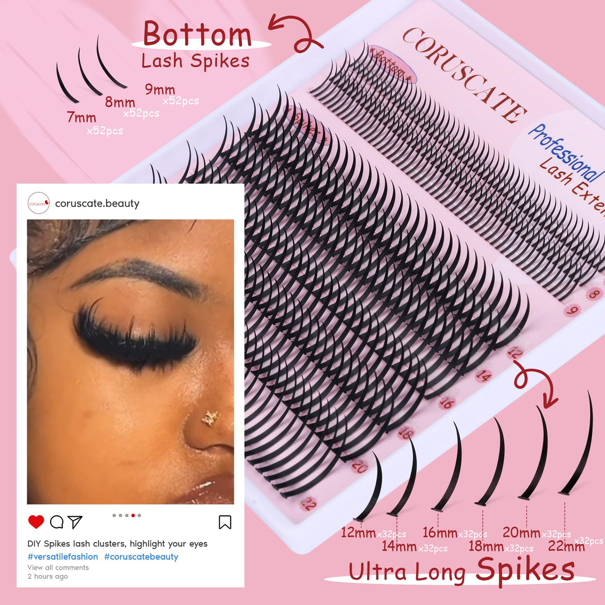 CORUSCATE Lash Clusters Spiky Ultra Long 12-22mm Spikes 7-9mm Bottom Lash CORUSCATE