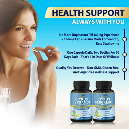 Cadane 2 Packs Citrus Bergamot Extract Capsules with Berberine, Olive, Guggul, Garlic, Pine Bark, Black Pepper | 4 Months Supply Organic Cadane