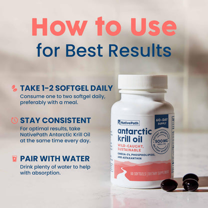 NativePath Antarctic Krill Oil - Wild-Caught Omega 3 Krill Oil 500mg Softgels with EPA, DHA and Astaxanthin - Supplement for Joint, Hear NativePath