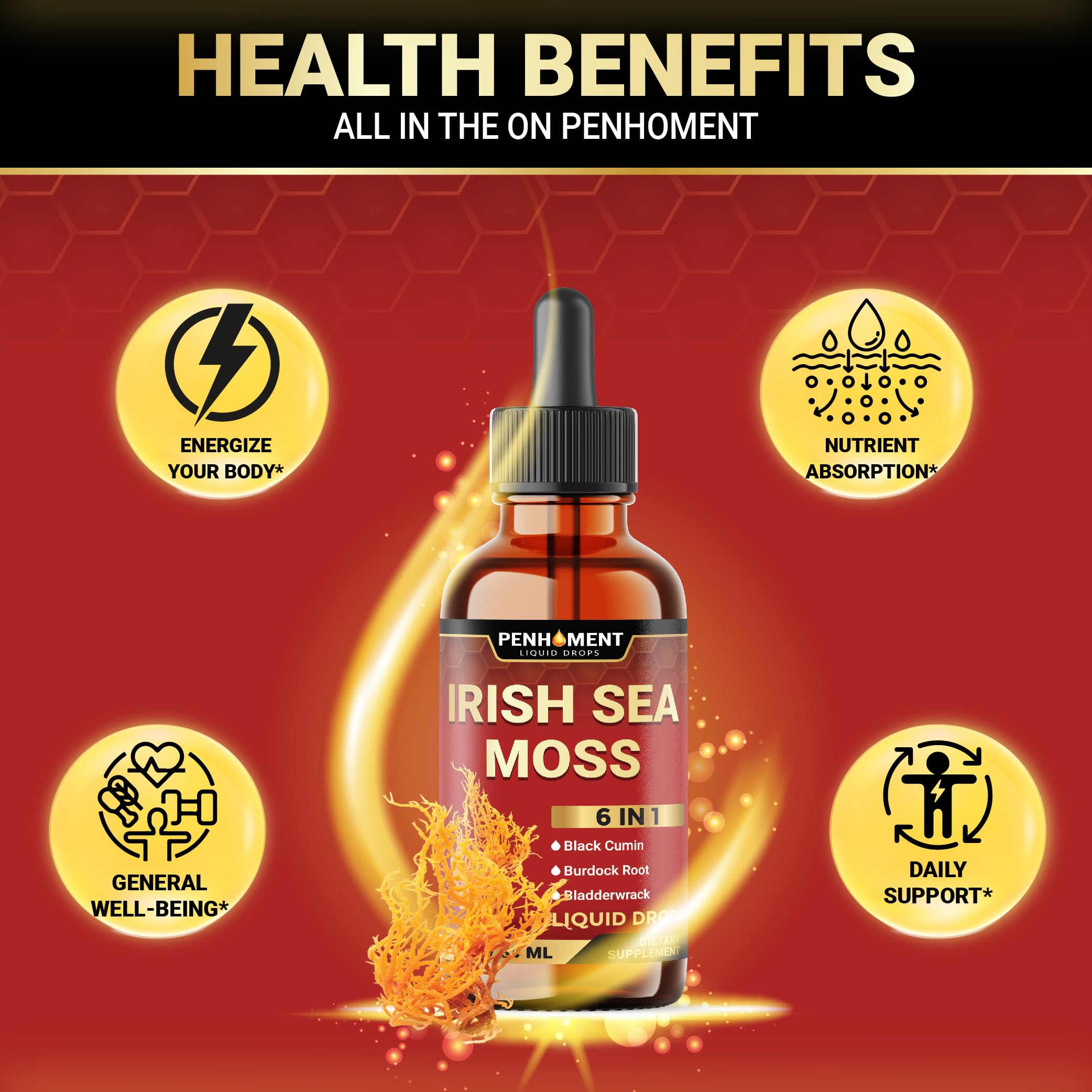 Penhoment 6in1 Sea Moss Drops with Black Seed Oil Irish Seamoss, Ashwagandha, Burdock Root & Bladderwrack - 1FL Oz - 30 Day Supply Penhoment buy australia supplements