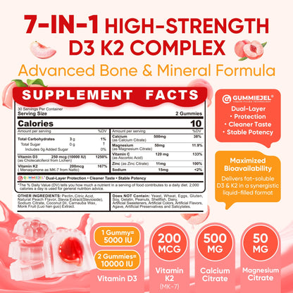 Vitamin D3 K2 Gummies 5000IU / 10,000 IU with 500mg Calcium + K2(MK-7) 200mcg, Magnesium, Vitamin C & Zinc, Extra Strength - Ultimate Absorbency for Bones LILICARE