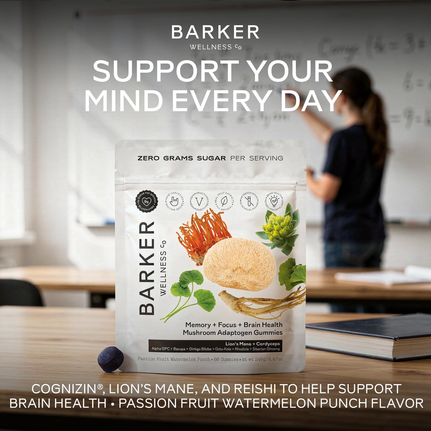 Barker Wellness Mushroom Adaptogen Gummies for Memory & Focus, Brain Health Supplement with Lion's Mane, Cordyceps, Cognizin, Vegan, Sugar-Free Passion Fruit Watermelon Flavor- 60 Count Barker Wellness Co