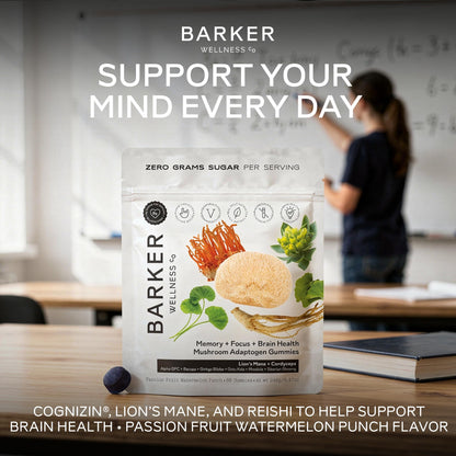Barker Wellness Mushroom Adaptogen Gummies for Memory & Focus, Brain Health Supplement with Lion's Mane, Cordyceps, Cognizin, Vegan, Sugar-Free Passion Fruit Watermelon Flavor- 60 Count Barker Wellness Co