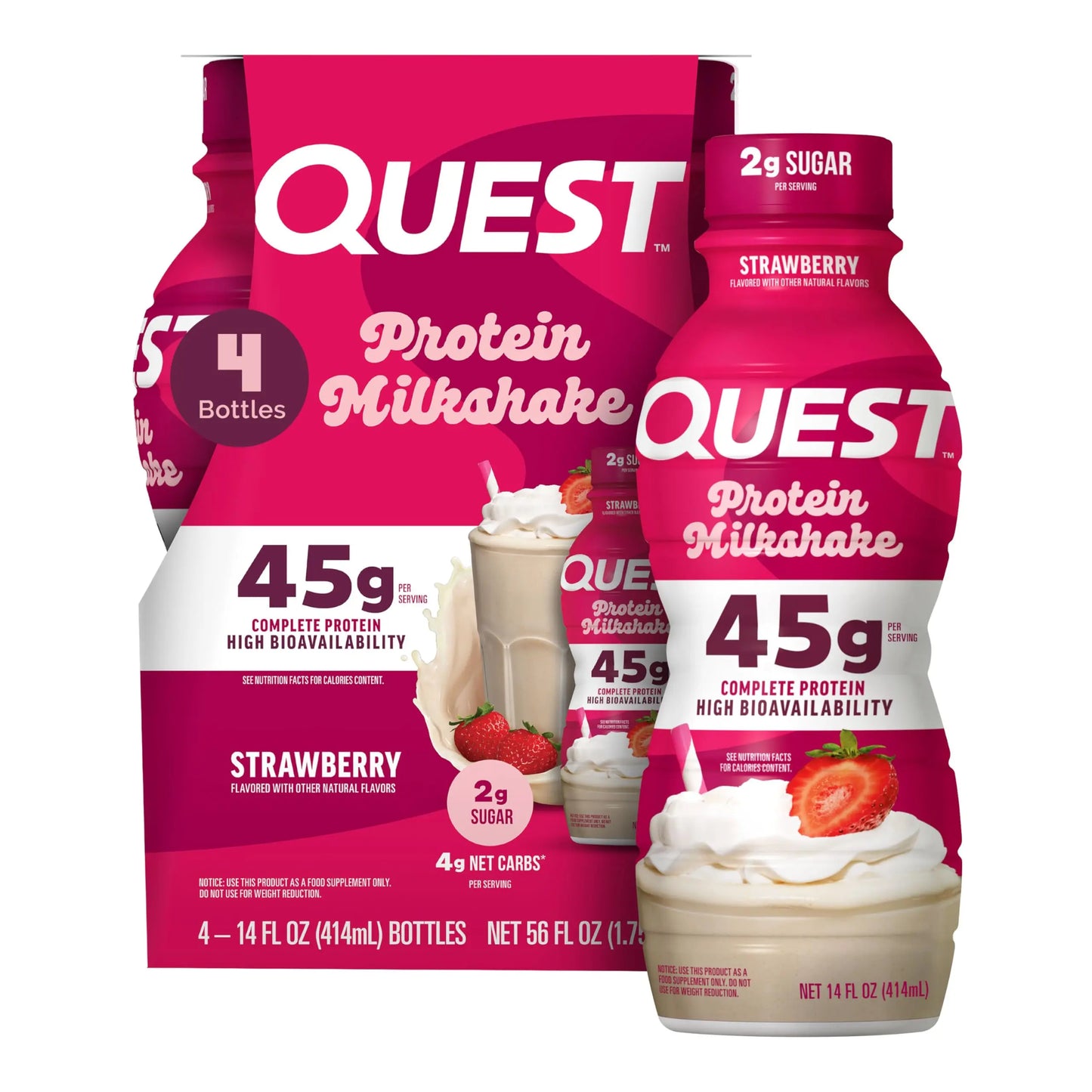 Quest Nutrition Strawberry Protein Shake, 45g Protein, 2g Sugar, 4g Net Carbs, Ready to Drink, Gluten Free, 4 Count Quest