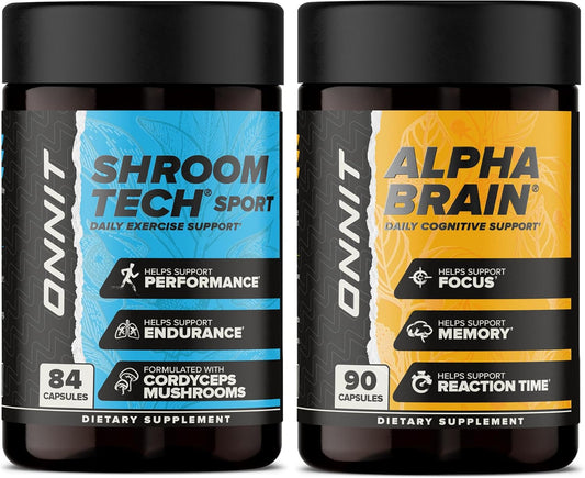 ONNIT Cognitive & Endurance Performance Bundle: Alpha Brain Nootropic Capsules (90 Count) + Shroom Tech Sport Capsules (84 Count), IGEN Non-GMO Tested Focus & Endurance, Pack of 2