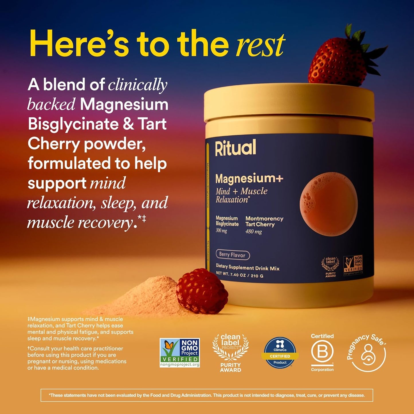 Ritual Magnesium+ Glycinate Drink Mix Supplement - with Tart Cherry to Support Calm, Sleep, Mind, Muscle Relaxation, Recovery and Cramping Relief** - Vegan - Sugar-Free - Berry - 30 Servings