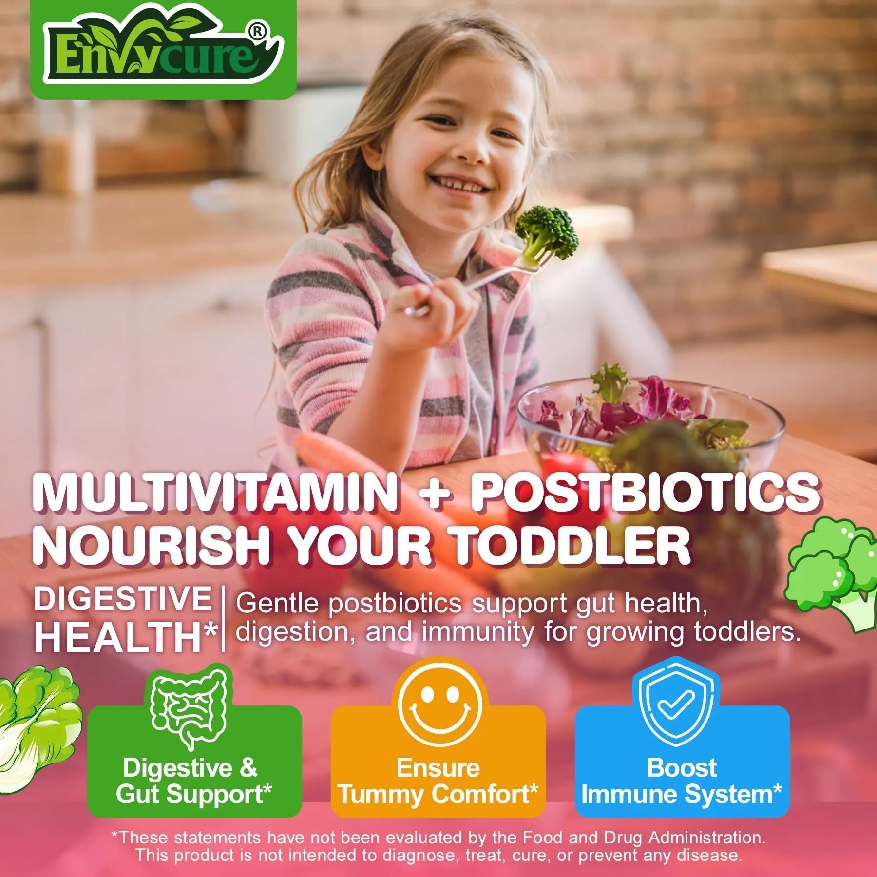 Organic Toddler Multivitamin Gummies + Omega-3 (DHA/EPA), Postbiotics | kids 2+ multivitamin | Vitamins A C D3 Methyl B12 Folate Zinc EnvyCure buy australia supplements