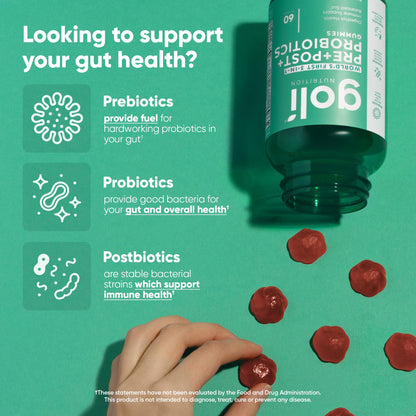 Goli Pre Pro Postbiotic Gummies - Worlds First 3-in-1 Formula with DE111 Probiotics, XOS Prebiotics, MCC1849 Postbiotics - Vegan, Non-GMO, Goli
