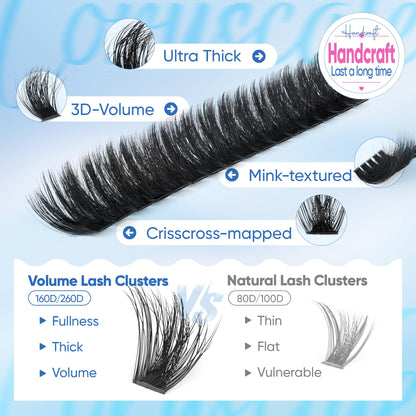 CORUSCATE Lash Clusters 160D+260D Eyelash Clusters 12-24mm Long Lash Extension Thick Cluster Eyelash Extensions Volume Strip Mink Lashes Cluster Dramatic Full Salon Look Mega Eyelashes CORUSCATE