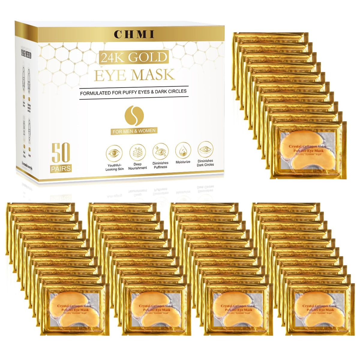 CHMI 24K Gold Under Eye Patches 50 Pairs Collagen, Dark Circles, Wrinkles CHMI