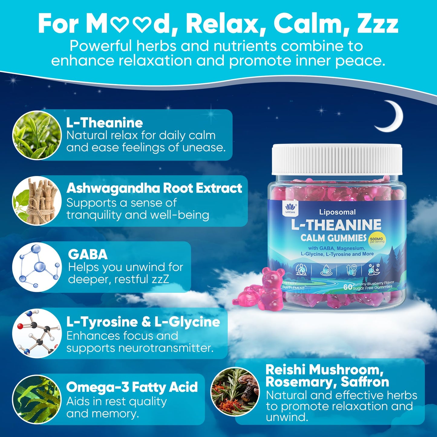 L Theanine Calm Gummies 500mg, Sugar-Free Liposomal L-Theanine Supplement, w/Safforn, Magnesium Glycinate, GABA, Ashwagandha, Algae Omega-3, Vitamin D3 B12 LILICARE
