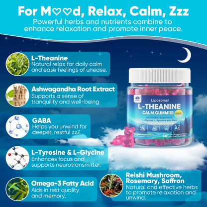 L Theanine Calm Gummies 500mg, Sugar-Free Liposomal L-Theanine Supplement, w/Safforn, Magnesium Glycinate, GABA, Ashwagandha, Algae Omega-3, Vitamin D3 B12 LILICARE