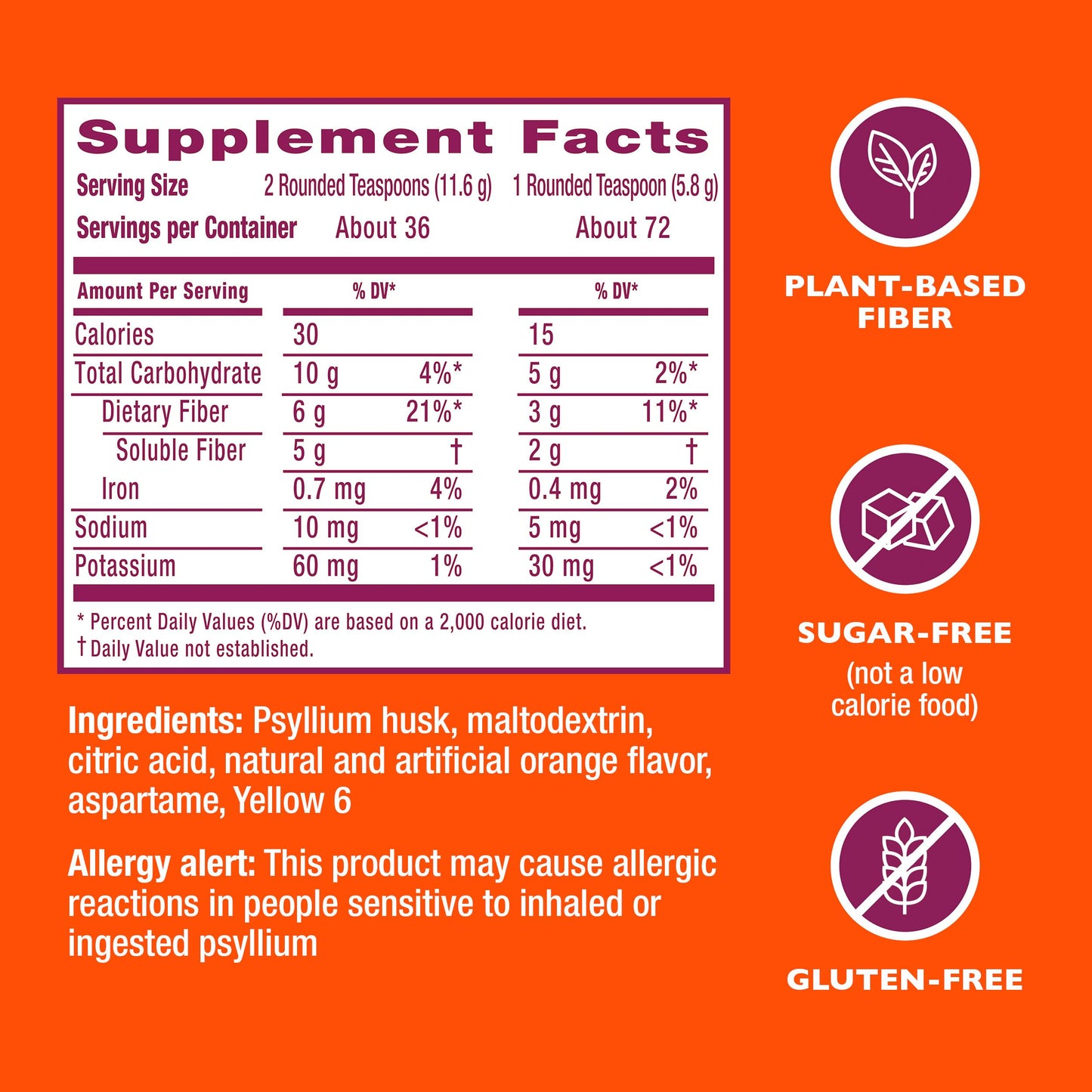 Metamucil 4-in-1 Psyllium Husk Friendly Fiber Supplement, Sugar-Free, 72 teaspoons, Orange Flavored, Daily Fiber Powder for Digestive Health Metamucil