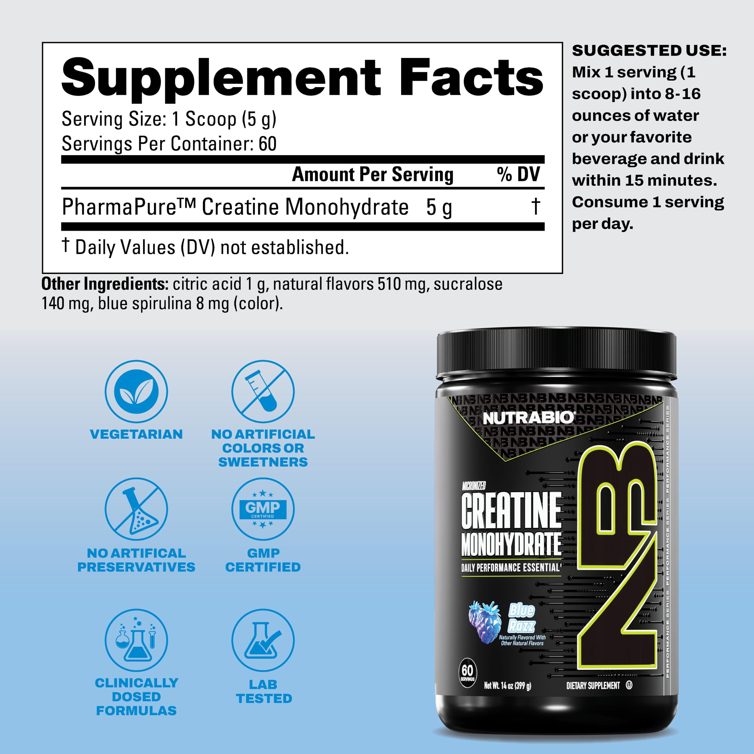 NutraBio Pure Micronized Creatine Monohydrate Powder Supplement, Blue Razz (300 g) - Supports Bulk Muscle Energy, Recovery, and Strength - HPLC Tested Creatine Powder Supplement for Men and Women NutraBio buy australia supplements