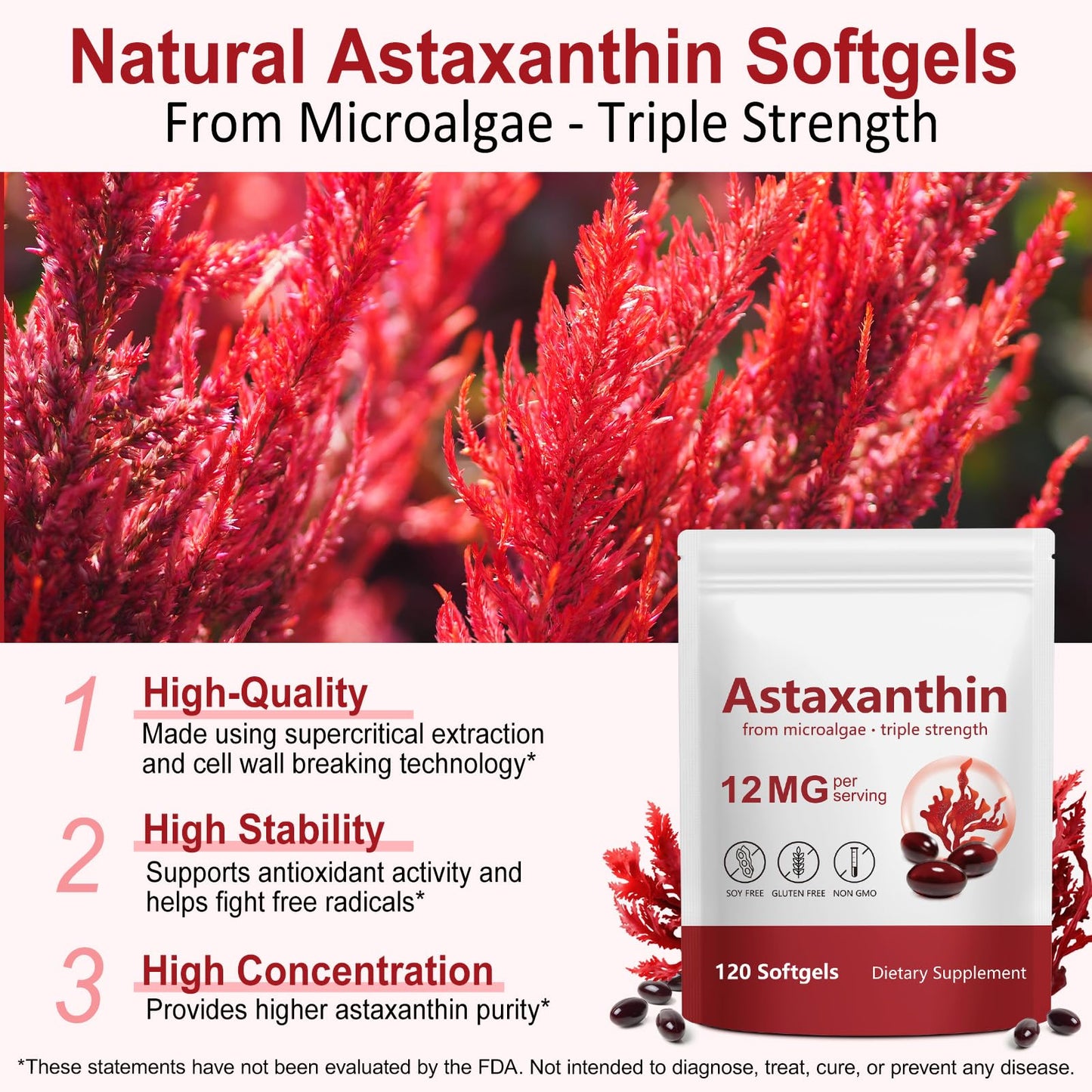 Xaarty Premium Astaxanthin 12mg, Natural Antioxidant Supplement for Eye, Joint, Skin Health,Microalgae Source, 4 Month Supply Xaarty