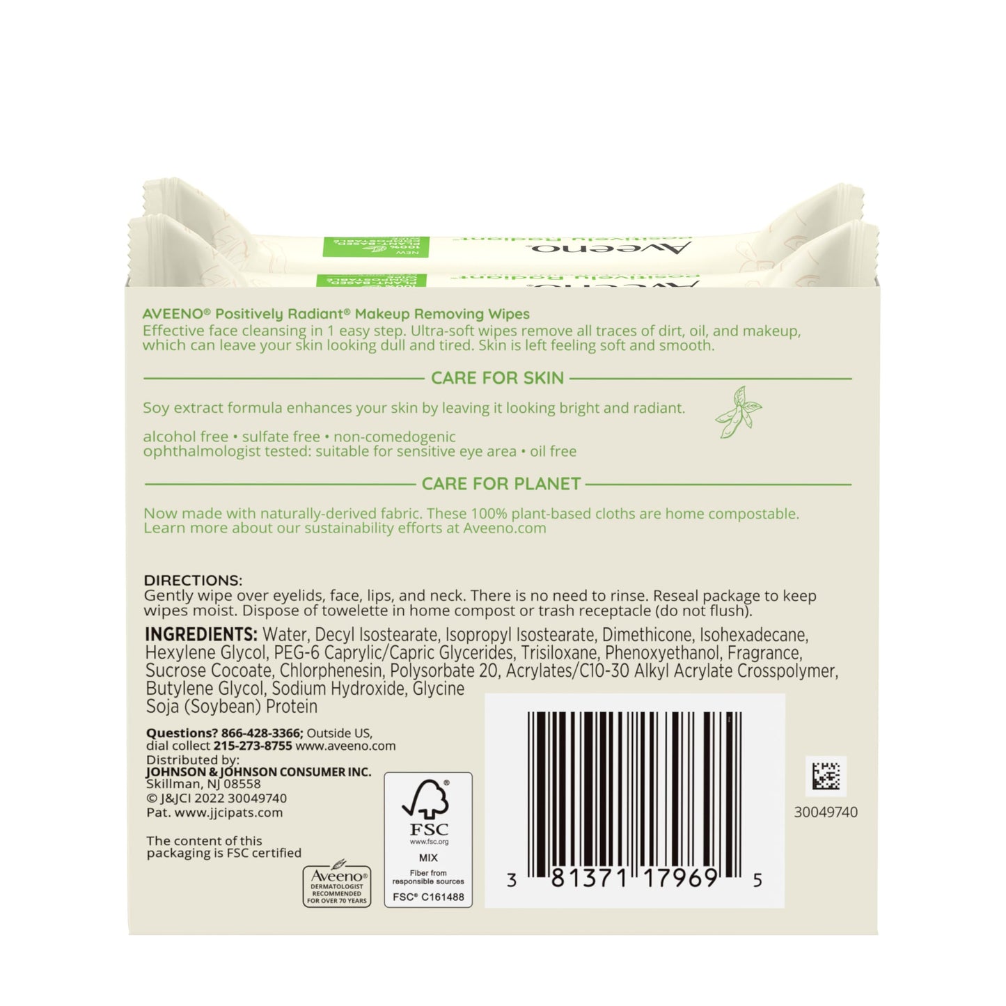 Aveeno Positively Radiant Makeup Remover Wipes, Oil Free, Alcohol Free, Non-Comedogenic Facial Cleansing Wipes, Gentle Face Wipes for Sensitive Skin Aveeno