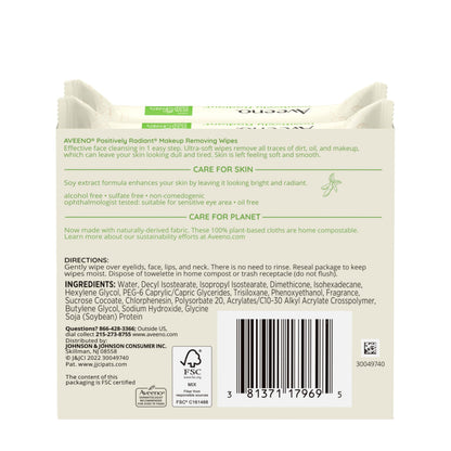 Aveeno Positively Radiant Makeup Remover Wipes, Oil Free, Alcohol Free, Non-Comedogenic Facial Cleansing Wipes, Gentle Face Wipes for Sensitive Skin Aveeno