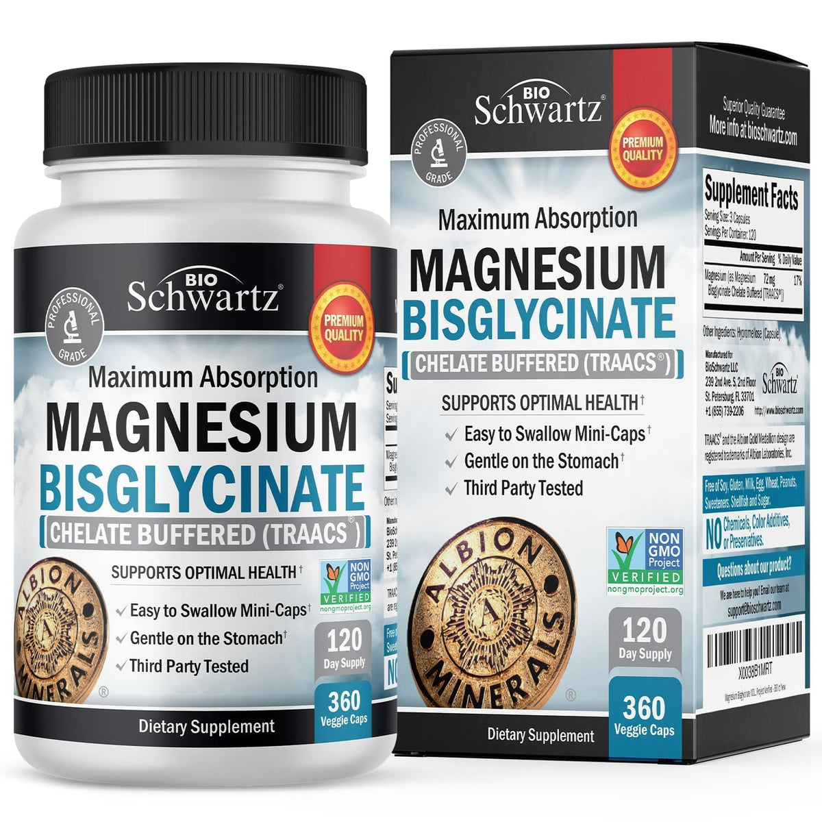 Magnesium Bisglycinate Chelated Supplement - High Absorption Magnesium Glycinate Supplement for Women and Men - Sleep, Muscle, Bone & Joint Support BioSchwartz