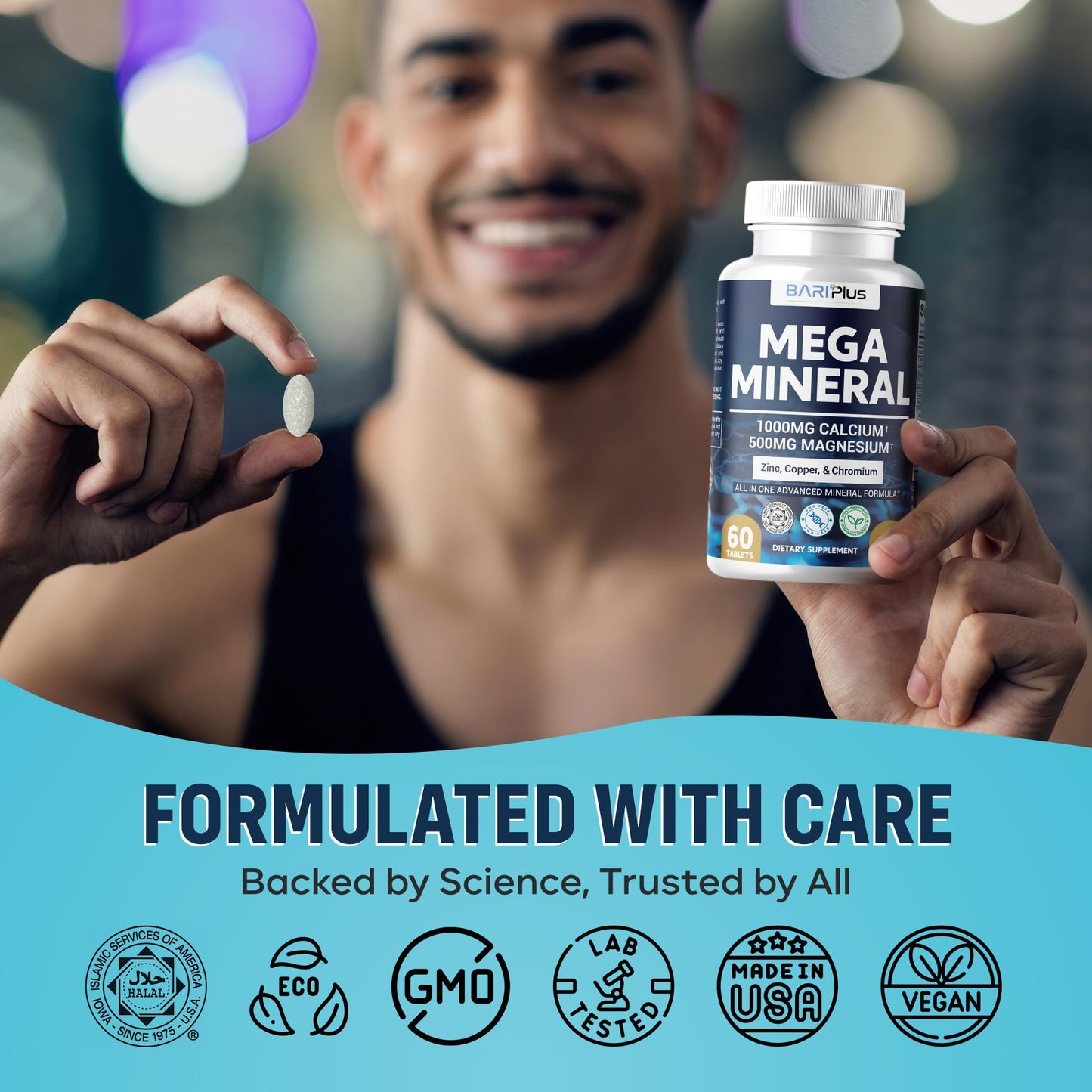 Mega Mineral – Complete Complex with Vitamin D, Calcium, Magnesium, Zinc, Potassium, Boron, Selenium, Chromium & Trace Minerals – Iron-Free – USA Made – 60 Tablets BARIPLUS