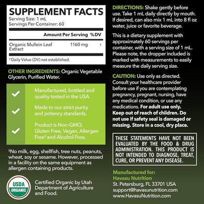 Mullein Drops for Lungs, USDA Organic Mullein Leaf Extract, 2 Fl Oz | Respiratory Health and Lung Support Supplement, 2 Fl Oz, Vegan, Non-GMO, and Alcohol Free, Herbal Tincture, 60 Servings Gsupps Australia