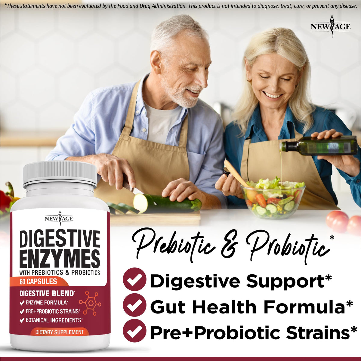 NEW AGE Digestive Enzymes for Gut Health - Probiotic Multi Enzymes with Prebiotics and Probiotics with Lipase for Women and Men for Digestive Health, NEW AGE