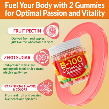 Super Vitamin B Complex Gummies - Methylated B Complex for Women & Men, All B Vitamins, Methyl B12, Methylfolate, Vitamin C, Choline, Inositol, PABA for Energy NEVISS