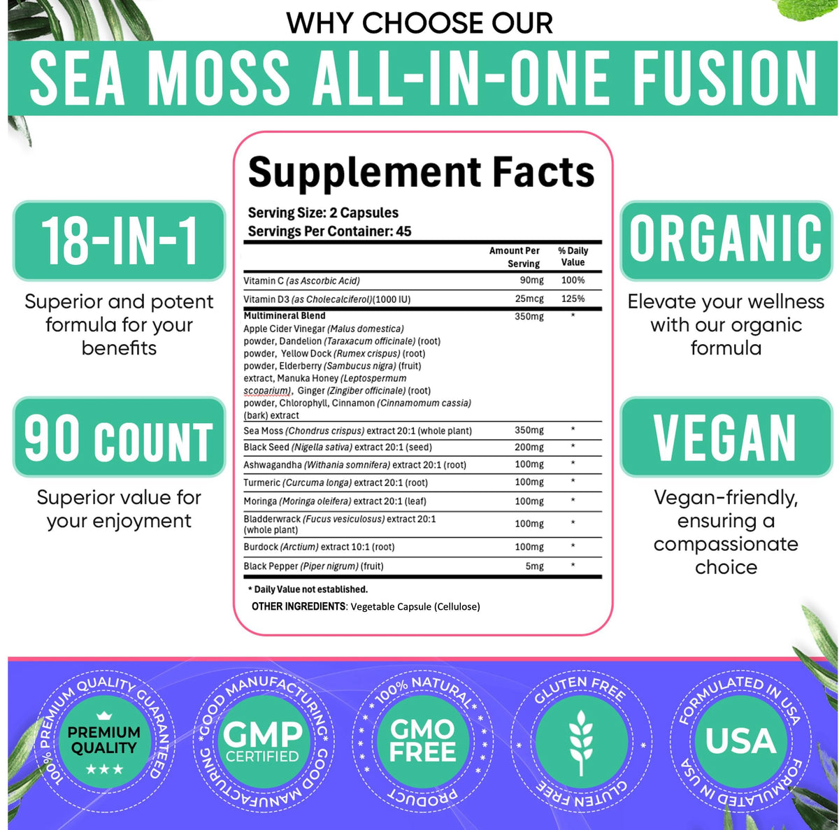 Adndale Sea Moss Capsules - Sea Moss Blend with Ashwagandha, Turmeric- 90 Count Adndale