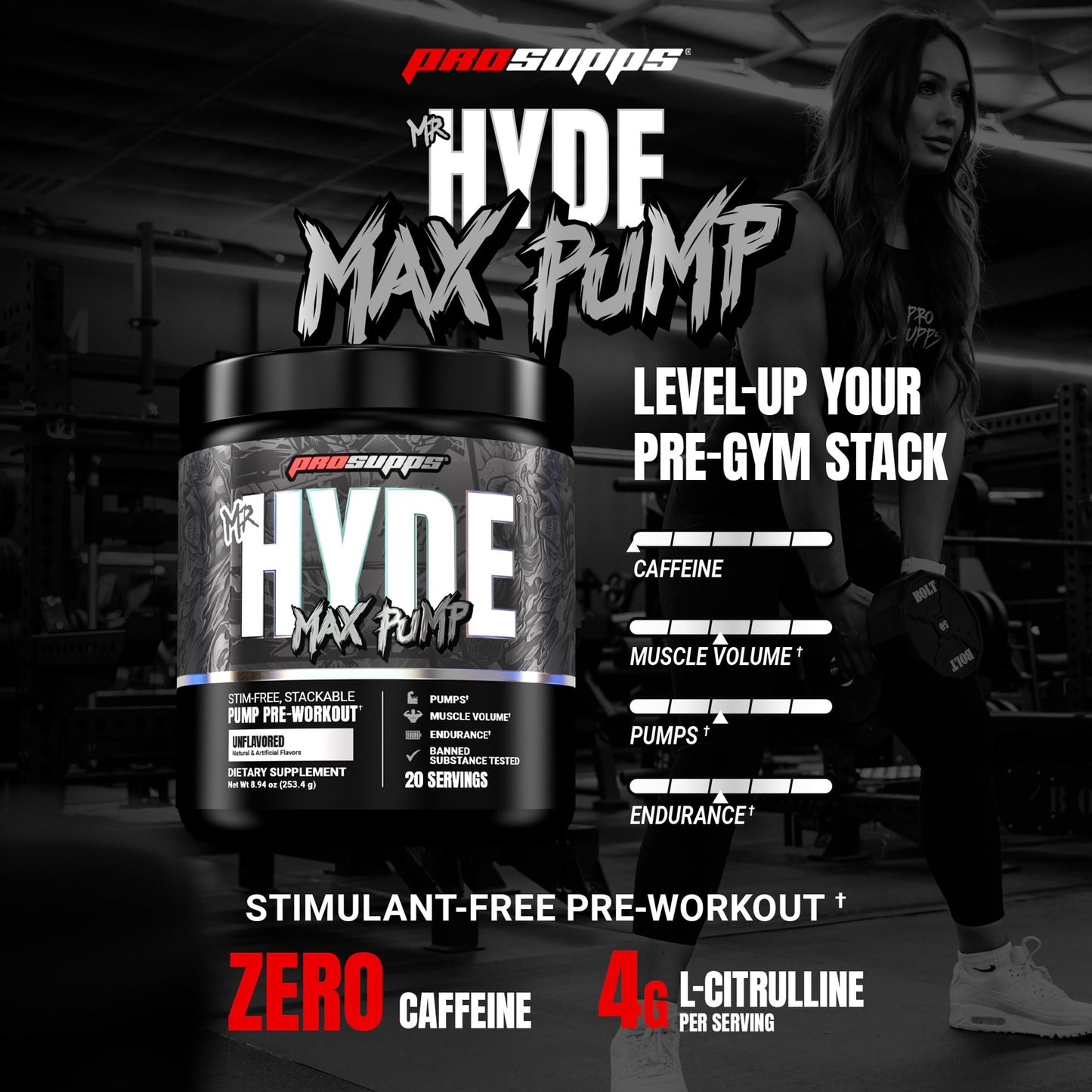 ProSupps Mr. Hyde Max Pump Pre Workout Powder - Stim-Free Preworkout Supports Blood Flow, Muscle Volume & Endurance - Caffeine-Free Nitric Oxide Gym & Fitness Supplements (Blue Razz, 20 Servings)