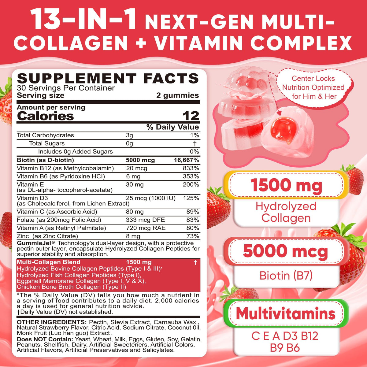 Collagen Peptide Gummies for Women & Men Sugar-Free, Multi Collagen Hydrolyzed w/ 1500mg Protein Type I,II,III,V,X, 5000mcg Biotin, Methylated B12, Vitamin C A E D3 B6 LILICARE