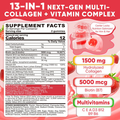 Collagen Peptide Gummies for Women & Men Sugar-Free, Multi Collagen Hydrolyzed w/ 1500mg Protein Type I,II,III,V,X, 5000mcg Biotin, Methylated B12, Vitamin C A E D3 B6 LILICARE