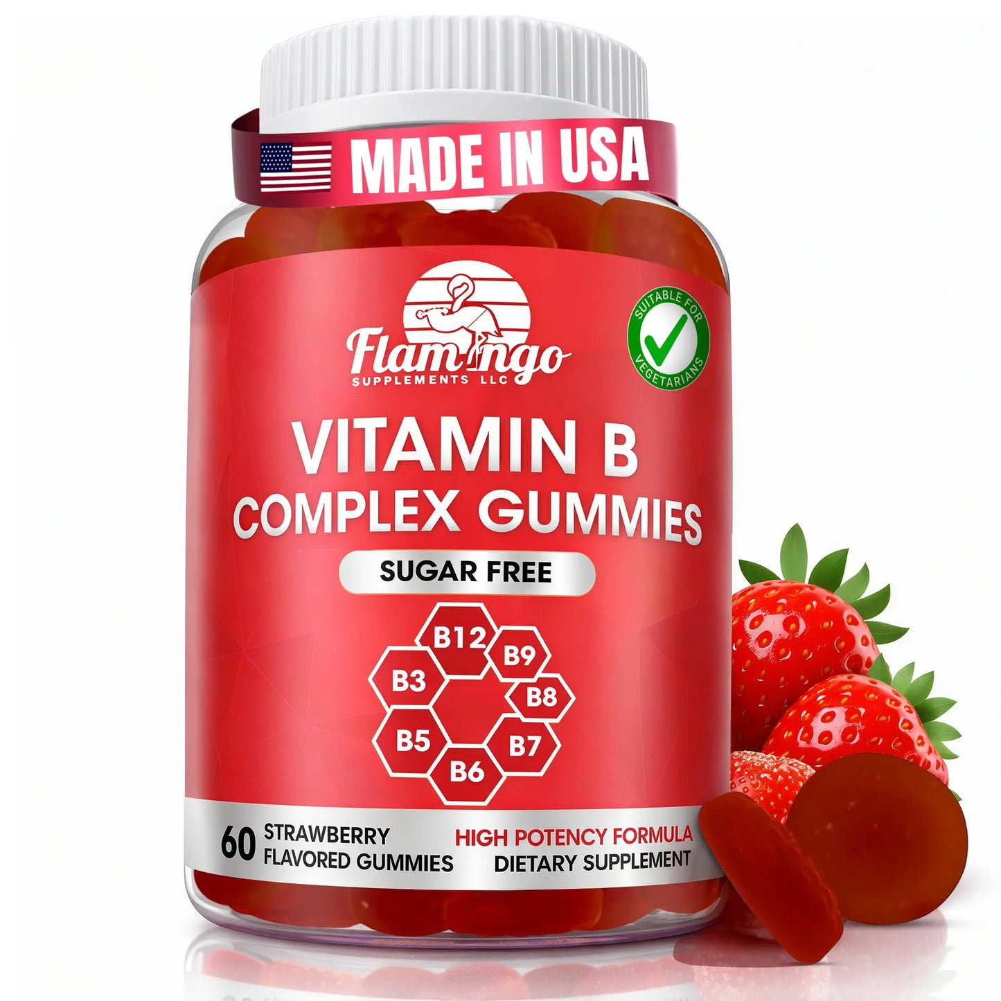 Sugar Free Vitamin B Complex Gummies - Vitamin B12, B7, B6, B3 (Niacin), B5, B8, B9 (Folate)- Third Party Tested- Prenatal, Vegan Diet, Older Adults Flamingo Supplements