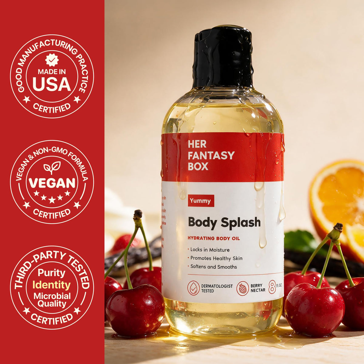 Her Fantasy Box | Body Splash Hydrating Body Oil (Yummy) - Moisturizing, Non-Greasy Formula for Soft, Smooth Skin - All-Natural, Lightweight & Nourishing Her Fantasy Box