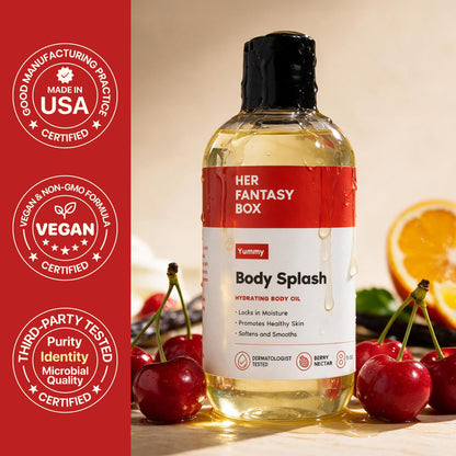 Her Fantasy Box | Body Splash Hydrating Body Oil (Yummy) - Moisturizing, Non-Greasy Formula for Soft, Smooth Skin - All-Natural, Lightweight & Nourishing Her Fantasy Box