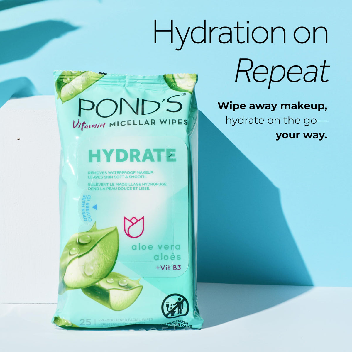 POND’S Micellar Makeup Remover Wipes, Removes Waterproof Mascara, with Aloe Vera & Vitamin B3, Alcohol-Free Facial Cleansing Wipes for Dry Skin, 25 Count POND'S