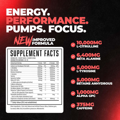 Wrecked Pre Workout Powder, Advanced Formula, Boosts Energy, Focus, Pumps & Performance, 10g L-Citrulline, 6.4g Beta Alanine, 5g Tyrosine, 1g Alpha GPC, 375mg Fast-Acting Caffeine & More (40 Servings)