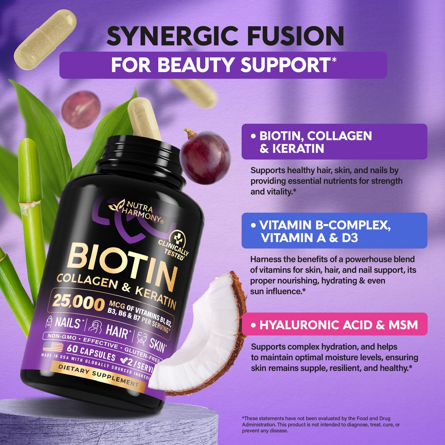 NUTRAHARMONY Biotin | Collagen | Hyaluronic Acid | Keratin - Support Normal Hair Growth Cycle - Skin & Nails - 25000mcg Vitamins B1, B2, B3, B6 & B7 NUTRAHARMONY