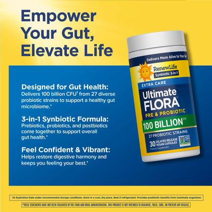 Renew Life Extra Care Digestive Probiotic Capsules, 50 Billion CFU Guaranteed, Daily Supplement Supports Immune, Digestive, Respiratory Health(1), L. Rhamnosus GG, Dairy, Soy and Gluten-Free, 90 Count | 90 Vegetarian Capsules | Supports Digestive, Immune Gsupps Australia