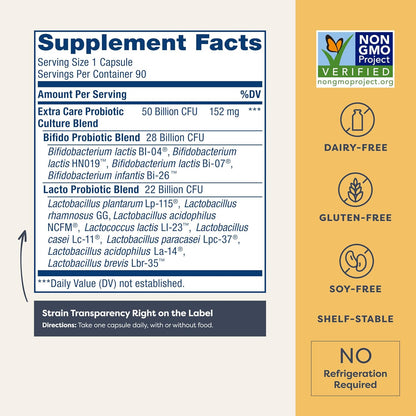 Renew Life Extra Care Digestive Probiotic Capsules, 50 Billion CFU Guaranteed, Daily Supplement Supports Immune, Digestive, Respiratory Health(1), L. Rhamnosus GG, Dairy, Soy and Gluten-Free, 90 Count | 90 Vegetarian Capsules | Supports Digestive, Immune Gsupps Australia