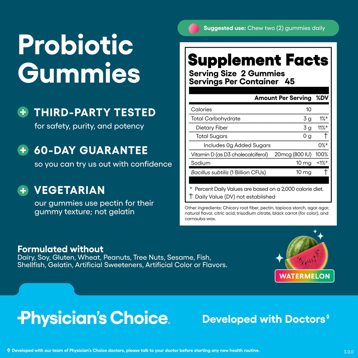 Physician's CHOICE Probiotic Gummies with Vitamin D & Prebiotic Fiber - Sugar Free - 1B CFUs of Clinically Studied Probiotic - Supports Immune & Gut Health Physician's CHOICE