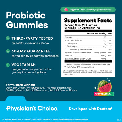 Physician's CHOICE Probiotic Gummies with Vitamin D & Prebiotic Fiber - Sugar Free - 1B CFUs of Clinically Studied Probiotic - Supports Immune & Gut Health Physician's CHOICE