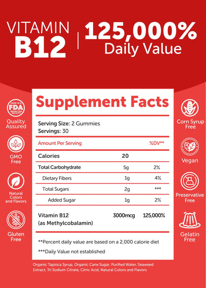 Lunakai USA Made Vitamin B12 Gummies 3000mcg, B12 Vitamins for Energy, Brain & Metabolism Support, Methylcobalamin for Adults, Women & Men, Lunakai