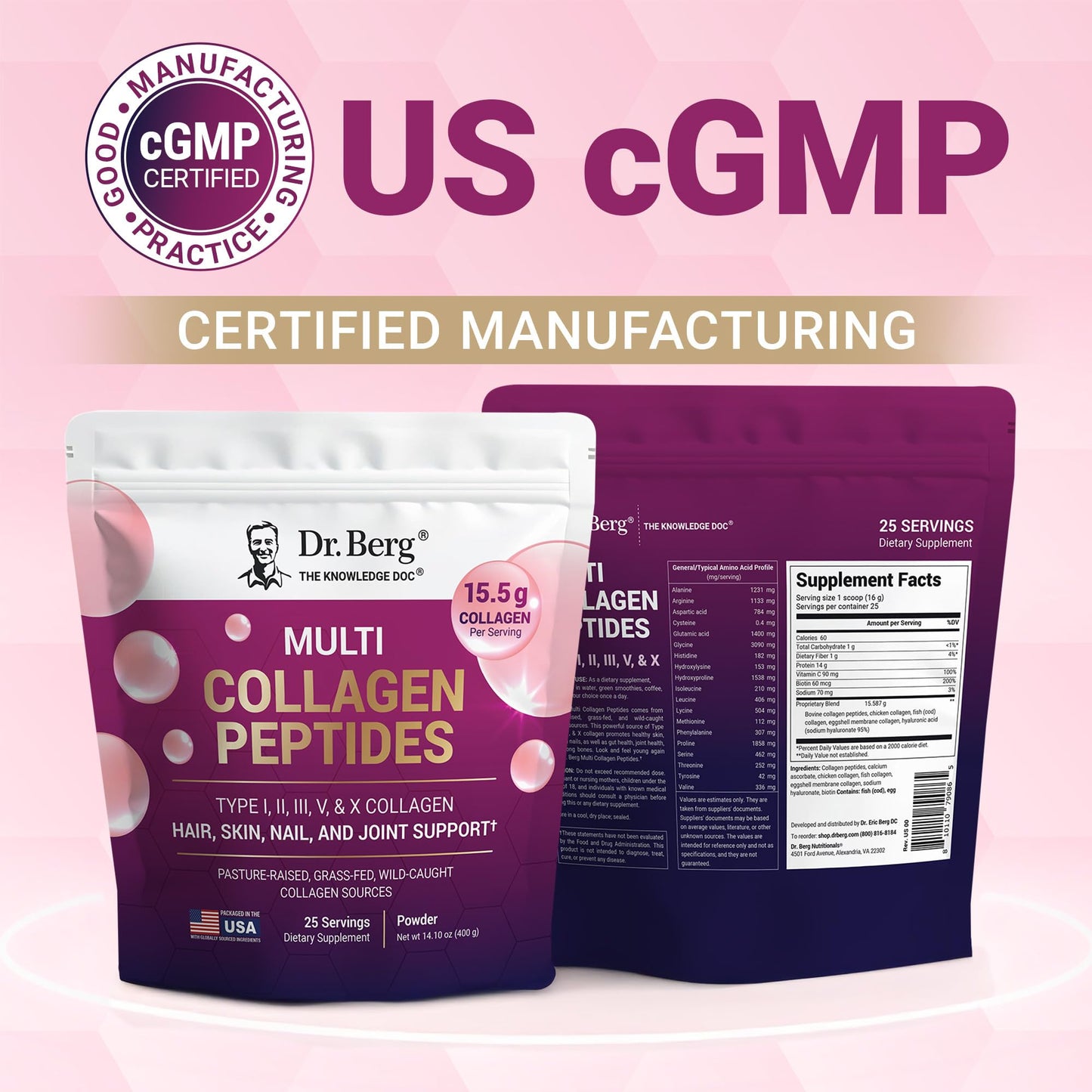 Dr. Berg Multi Collagen Peptides Powder Types I, II, III, V, X - Unflavored Collagen Powder w/ 14 g of Protein - Grass-Fed Dr. Berg Nutritionals