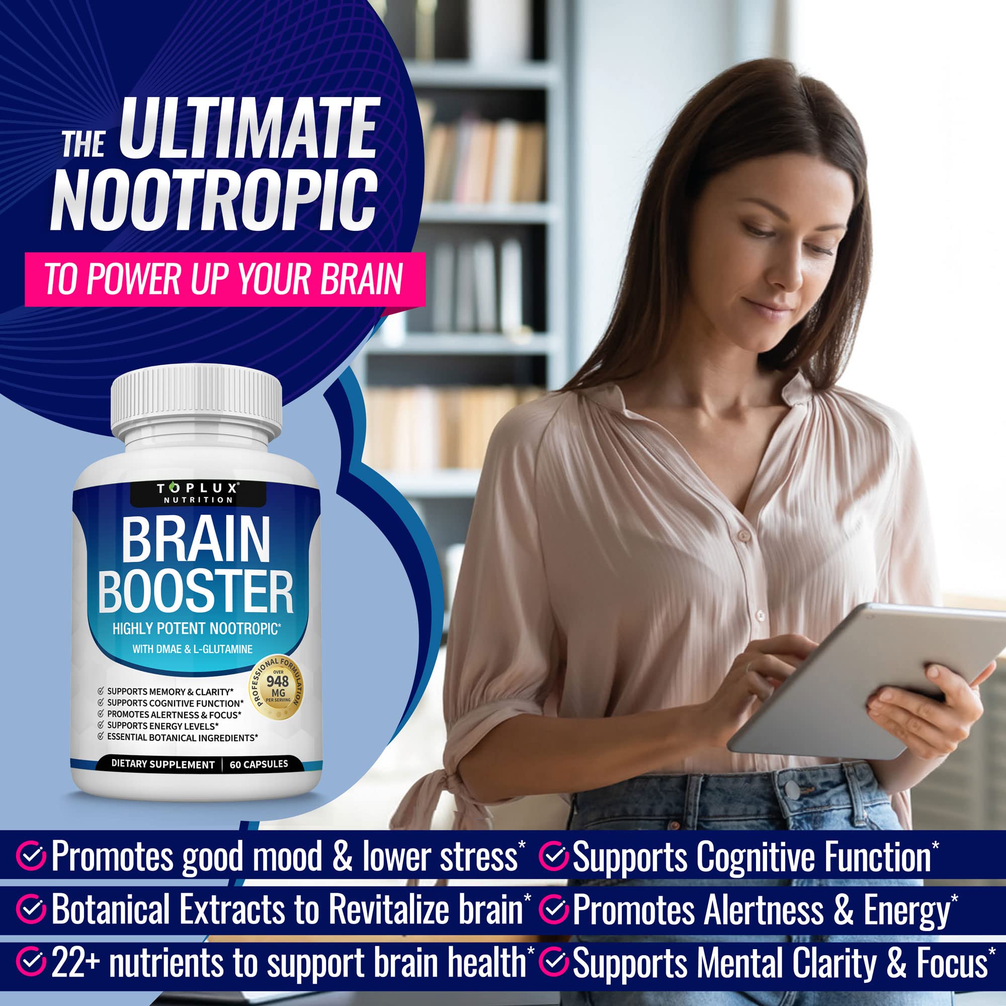Toplux Brain Supplement Nootropic – Brain Pills Vitamin with DMAE, Bacopa Monnieri, L-Gutamine, for Men Women, 60 Capsules, Nutrition Toplux buy australia supplements