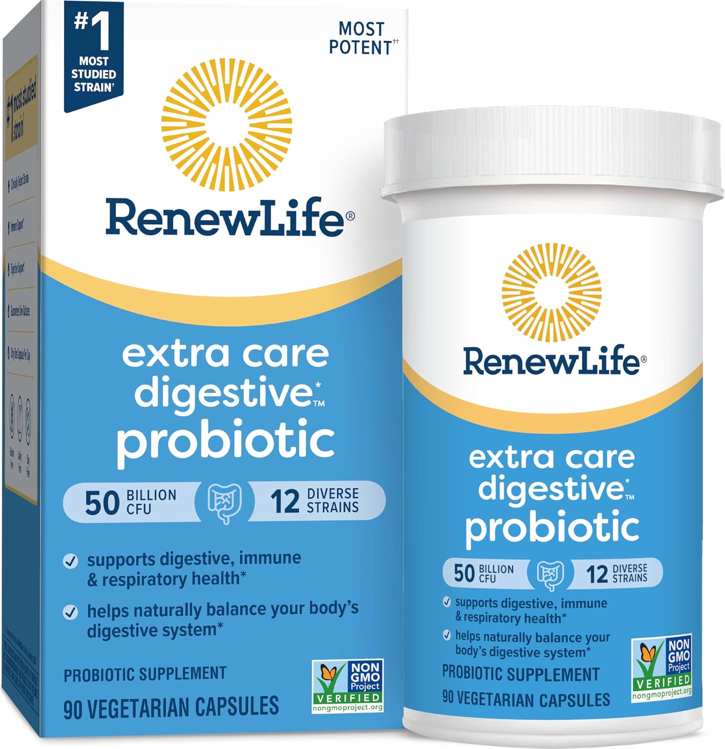 Renew Life Extra Care Digestive Probiotic Capsules, 50 Billion CFU Guaranteed, Daily Supplement Supports Immune, Digestive, Respiratory Health(1), L. Rhamnosus GG, Dairy, Soy and Gluten-Free, 90 Count | 90 Vegetarian Capsules | Supports Digestive, Immune Gsupps Australia