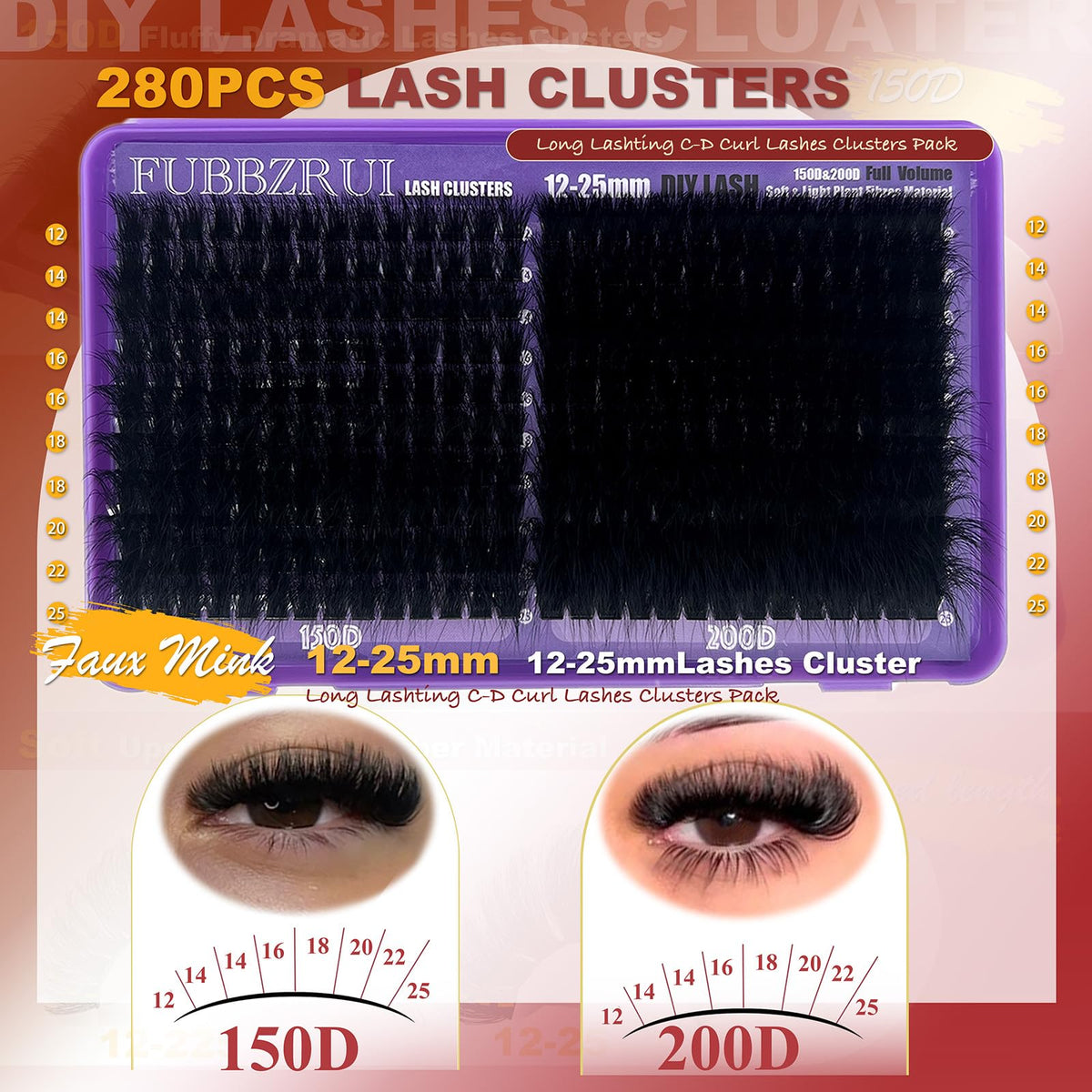 FUBBZRUI Fluffy Lash CLusters 12-25mm Long Cat Eye D Curl 280PCS Cluster Volume Eyelash Extensions 150D+200D Individual Lashes Thick DIY Lash Extesnion FUBBZRUI