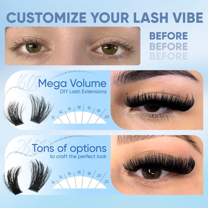 CORUSCATE Lash Clusters 160D+260D Eyelash Clusters 12-24mm Long Lash Extension Thick Cluster Eyelash Extensions Volume Strip Mink Lashes Cluster Dramatic Full Salon Look Mega Eyelashes CORUSCATE