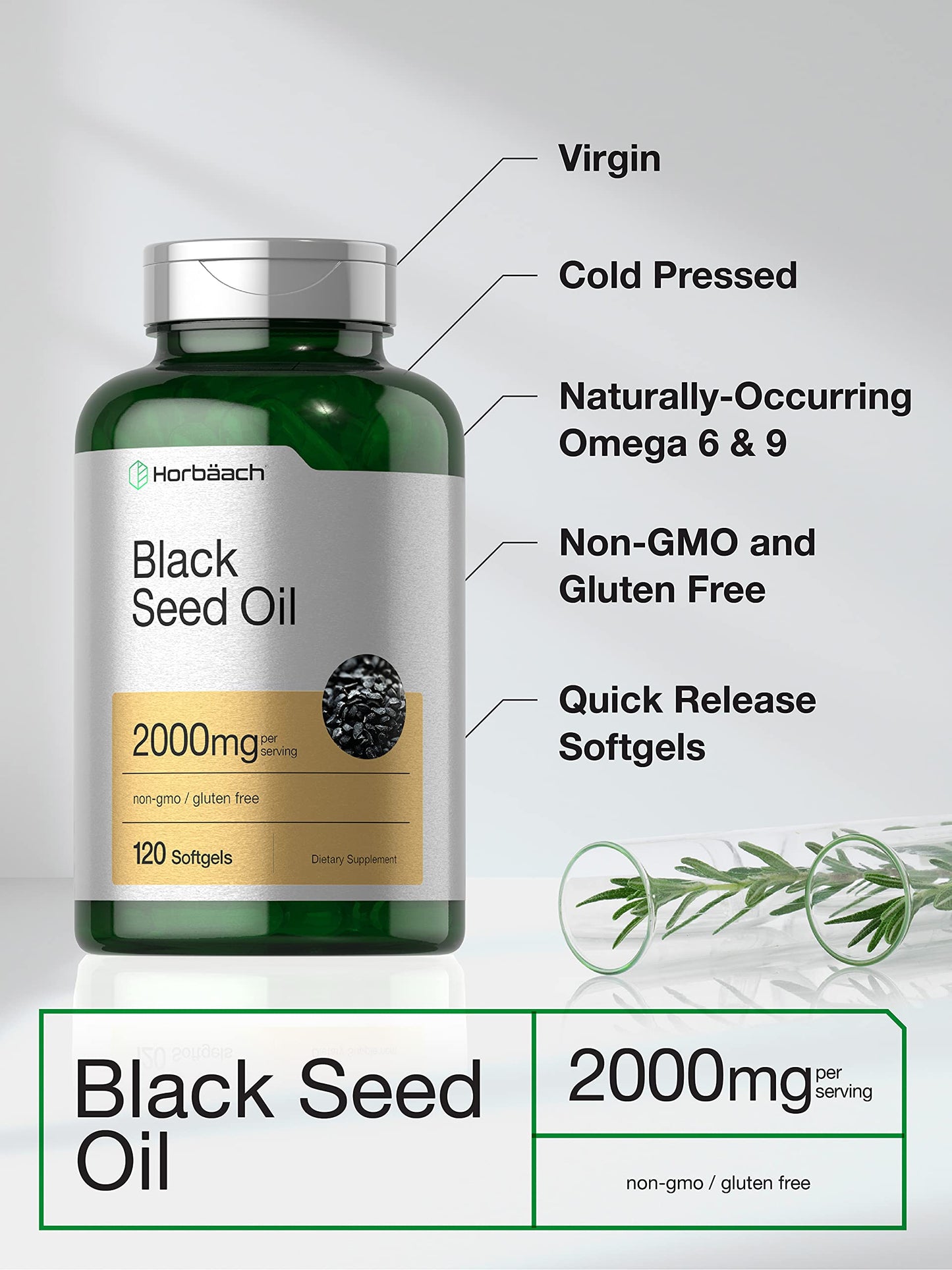 Horbaach Black Seed Oil Cold Pressed Softgel Capsules | 2000mg | 120 Count | Supplement with Omega 6 and 9 | Nigella Sativa Horbäach