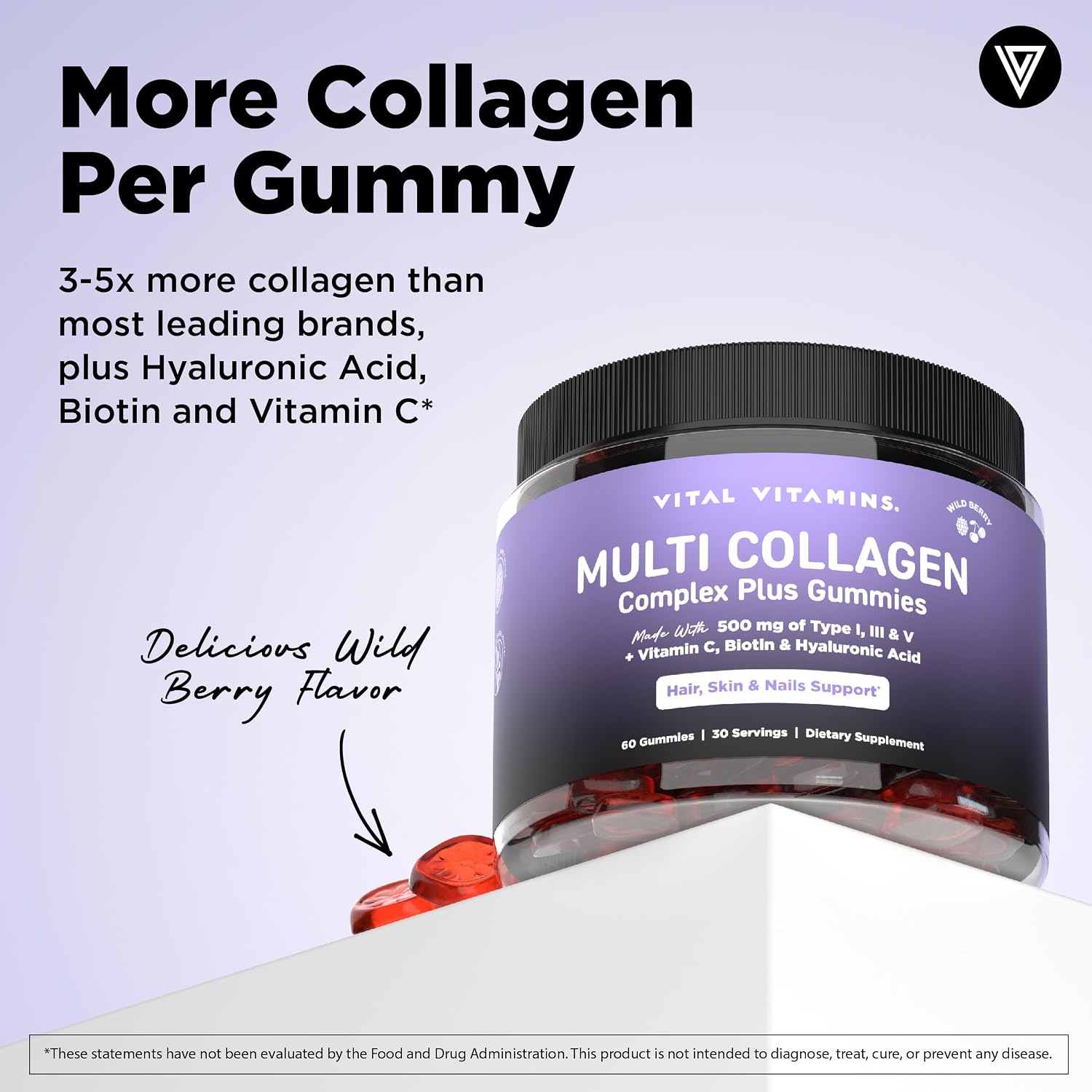 Vital Vitamins Multi Collagen Complex Plus Gummies - Collagen Peptides Types I, III & V with Hyaluronic Acid, Biotin, Vitamin C & Vitamin D - Hair, Skin & Nail Support - Wild Berry - 60 Count Gsupps Australia