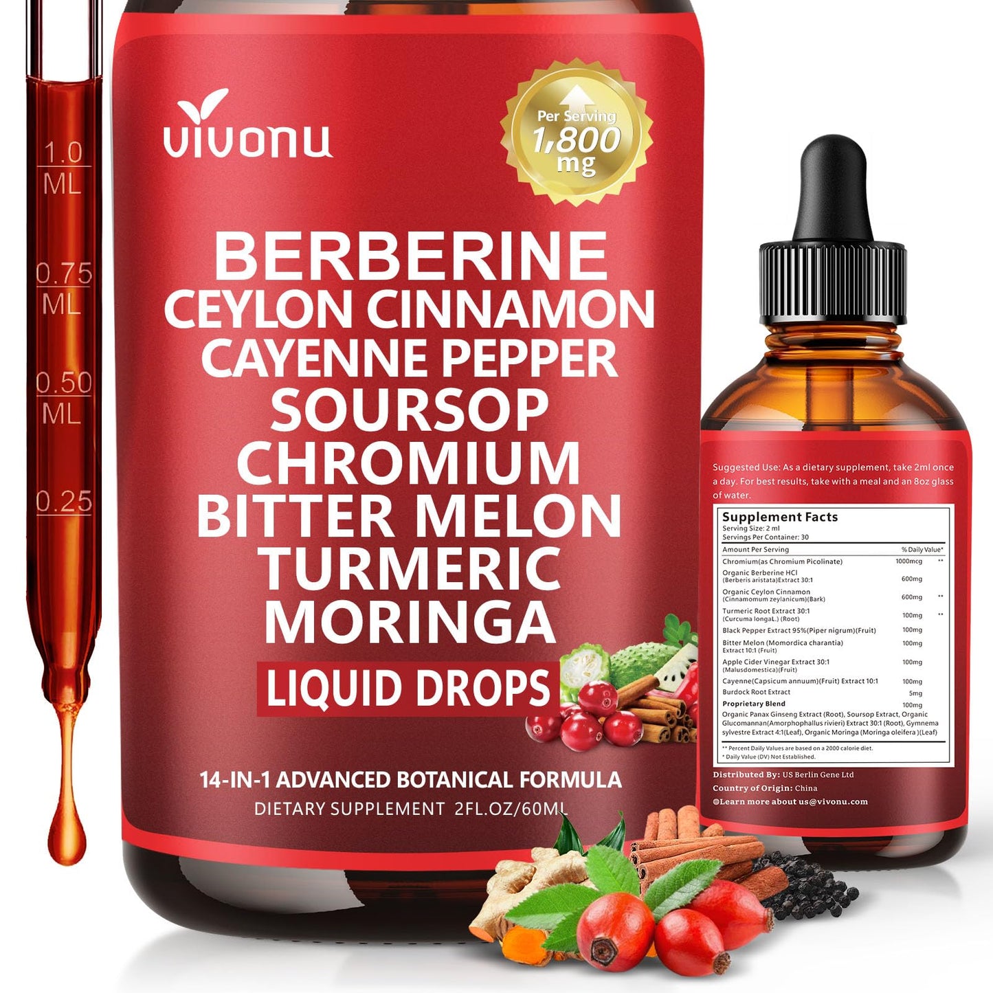 14-in-1 Berberine with Ceylon Cinnamon Supplement Liquid Drops, 1800mg + 30:1 Liposomal Tech with Cayenne Pepper, Soursop, Chromium, Bitter Melon, Turmeric, Moringa, Gymnema VivoNu